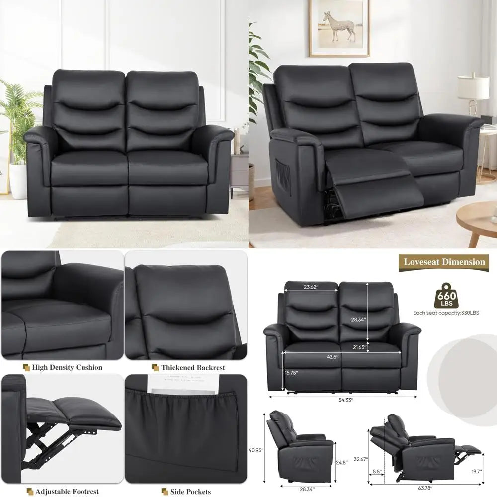 Two-Person Reclining Loveseat Sofa with Adjustable Footrests, Cup Holders, and Side Pockets for RV Use