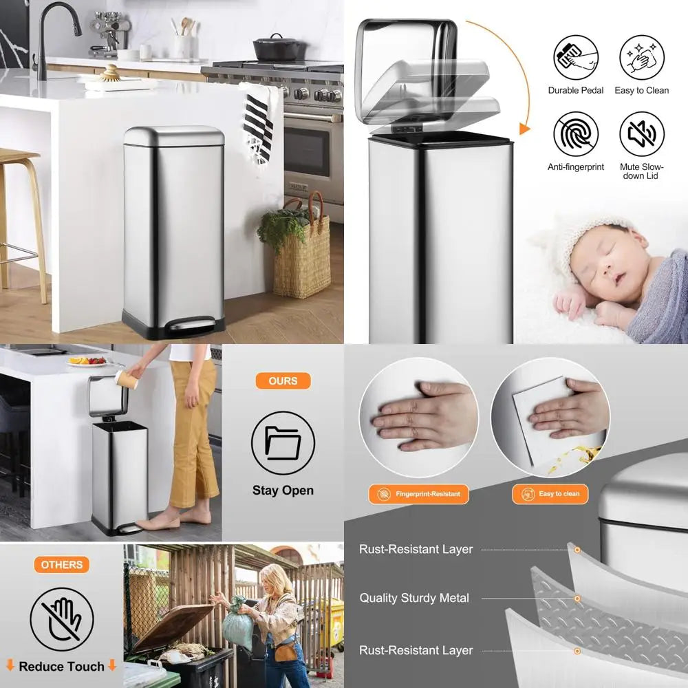 30-Liter Square Stainless Steel Step Trash Can with Foot Pedal and Soft-Close Lid for Kitchen and Bathroom Use