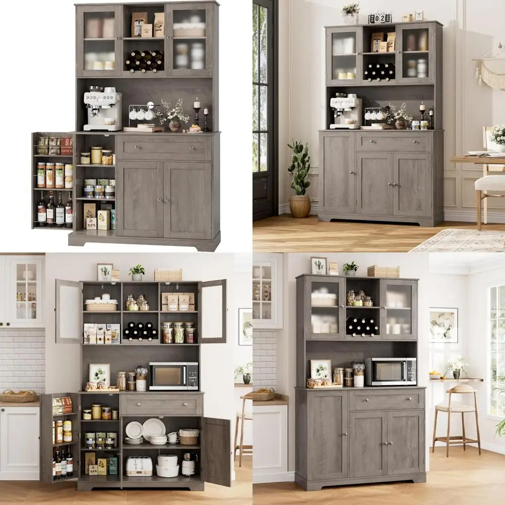 Kitchen Pantry Storage Cabinet with Hutch, Tall Cabinet for Microwave Stand, Food Pantry Cabinet with Doors and Shelves