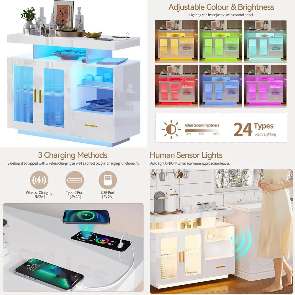 Wireless Charging LED Coffee Bar Cabinet with 40 Wood Shelves and RGB Lighting