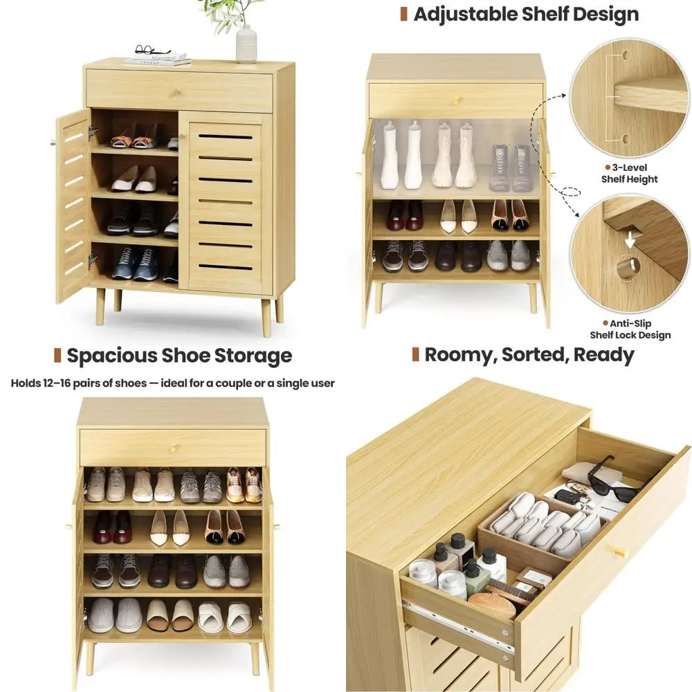Compact Shoe Storage Cabinet with Secret Compartment and Drawer, Accommodates 12-16 Pairs, 32-Inch Light Oak, Japanese-Scandinav