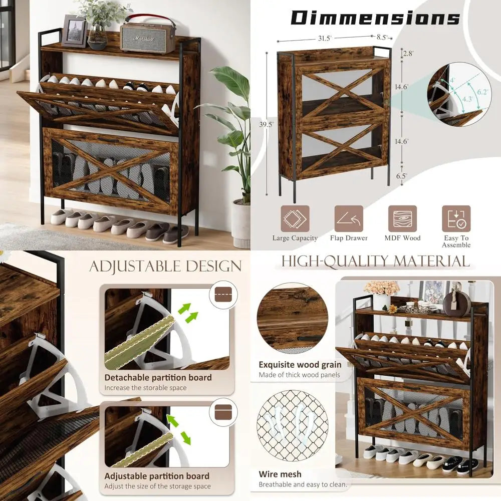 Rustic Brown Slim Shoe Cabinet with Two Drawers for Closet, Entryway, and Living Room - Narrow Storage Solution