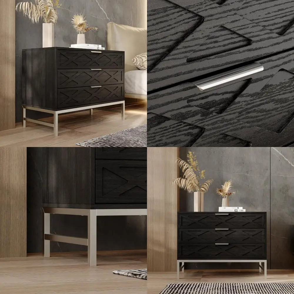 31.5 Wide Modern Nightstand with 3 Drawers, Wooden Bedside Table featuring Metal Legs and Carved Pattern