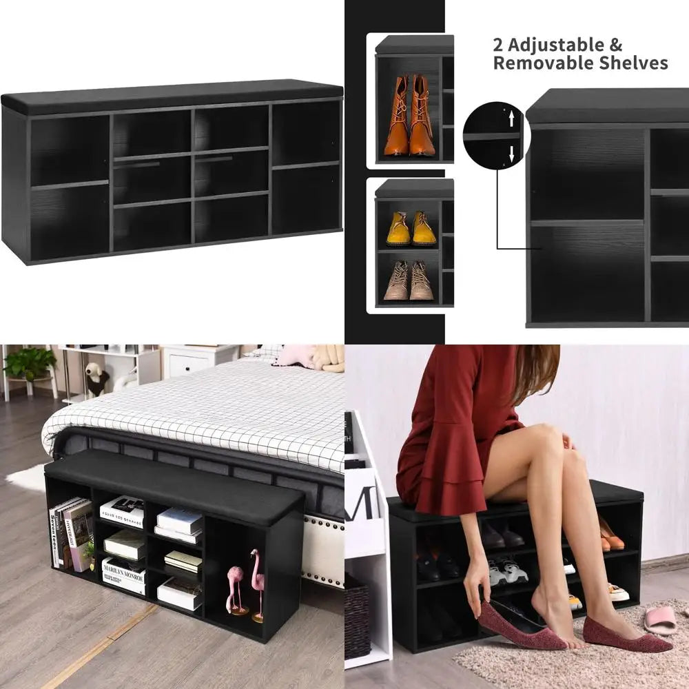Adjustable Shelf Shoe Storage Bench with Cushion, 10-Cubby Organizer for Entryway