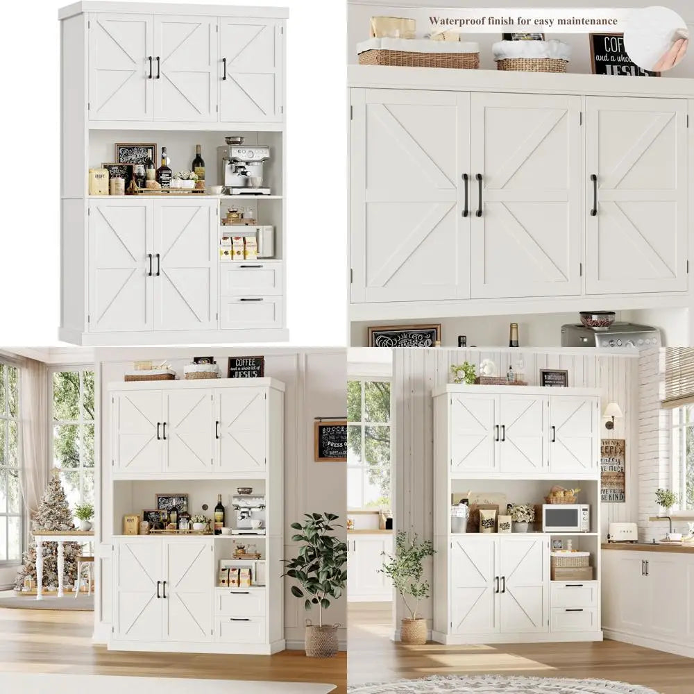 Wide Kitchen Pantry Storage Cabinet with Microwave Stand, Farmhouse Style Hutch Cabinet for Food Storage