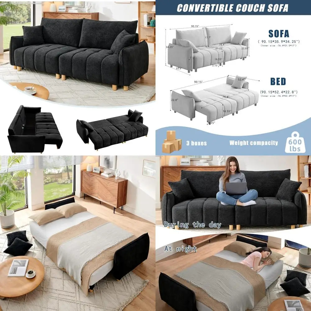 Chenille Fabric Sleeper Sofa Bed with Storage, Convertible Couch Loveseat for Living Rooms, Apartments, and Compact Spaces in Bl