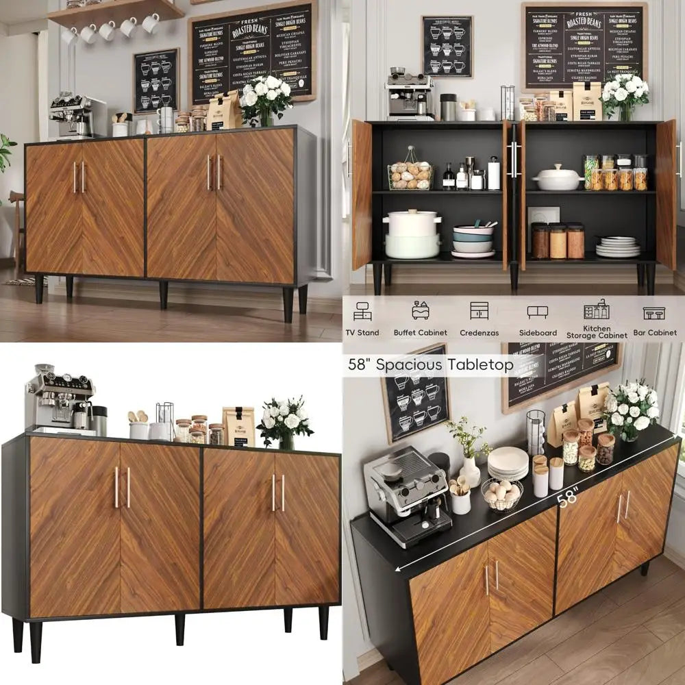 Ever Winner 58 Buffet Cabinet with Storage and Adjustable Shelves, Modern Coffee Bar with 4 Doors for Living Room