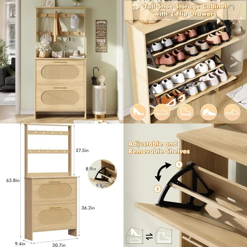 Tall Shoe Storage Cabinet with Rattan Door, Coat Rack, and Flip Drawers