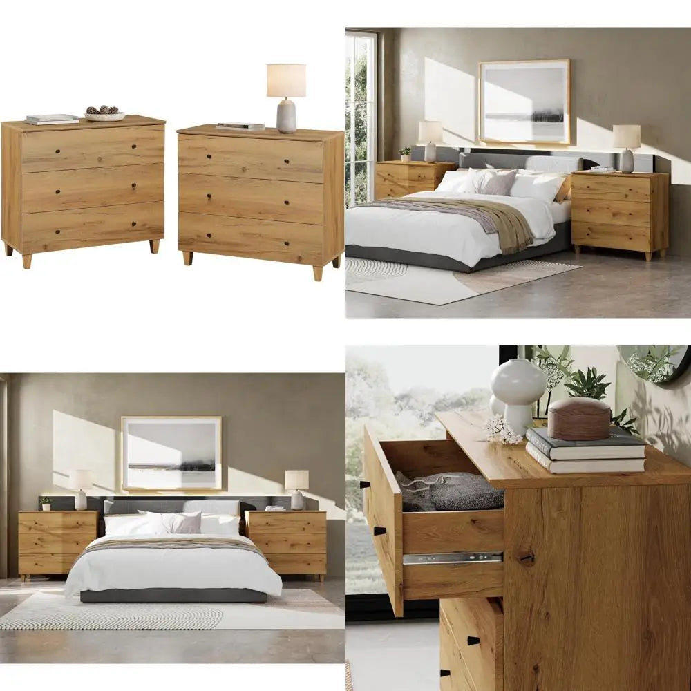 Pair of Modern Nightstands with 3 Drawers for Bedroom, Wooden Bedside Tables, Chest Dressers, and Large Sofa Side Tables