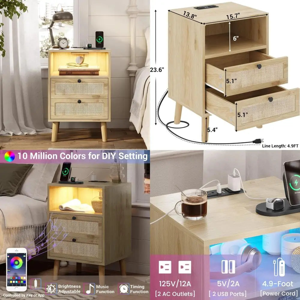 Rattan Nightstand with Charging Station, LED-lit Wood End Table for Bedroom, USB Port Boho Bedside Table