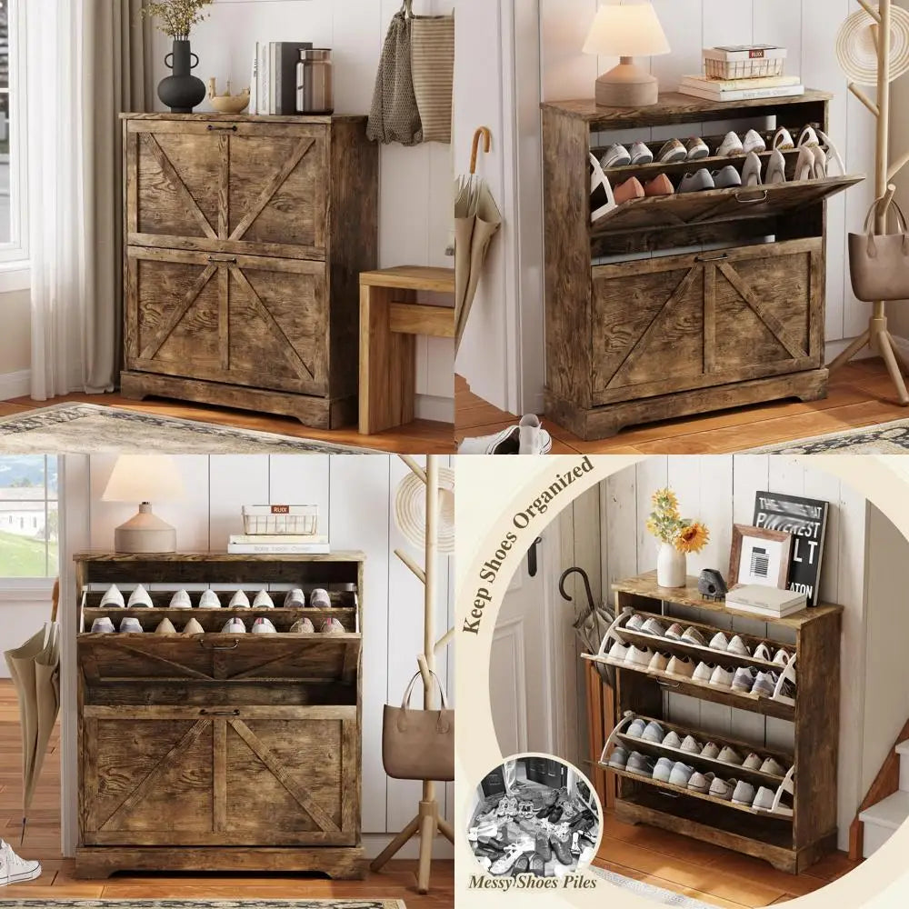 Freestanding Shoe Organizer Cabinet with Flip Drawers and Barn Door Metal Handle