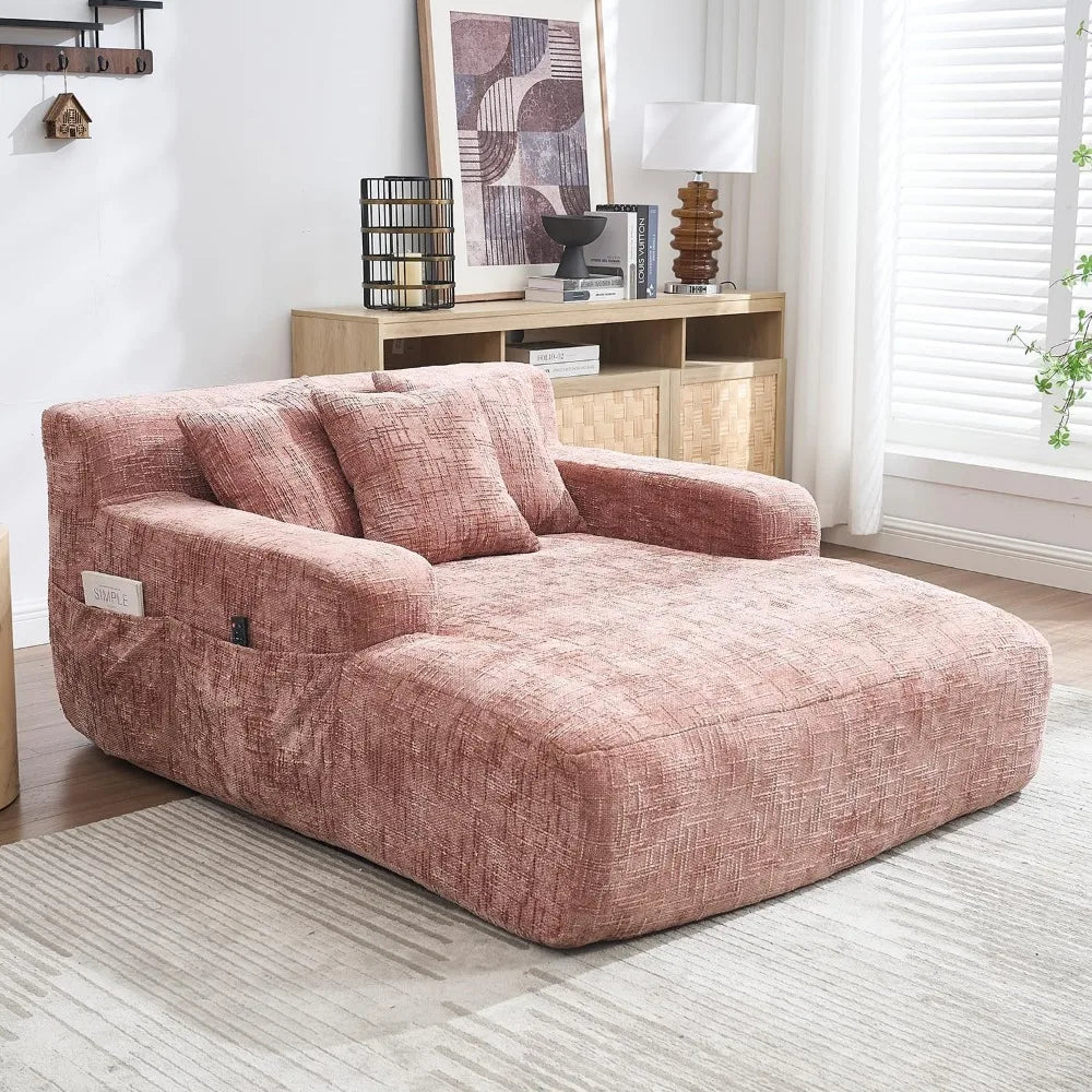 Chaise Lounge Chair Indoor, Oversized Boneless Sleeper Sofa Bed with 3 Pillows and Storage Pockets,Comfy Chenille Cloud Couch,Mo