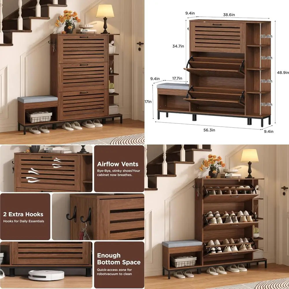 Compact Shoe Storage Cabinet with Bench and Flip Doors for Entryway, 44 Tall Organizer with Upholstered Seat