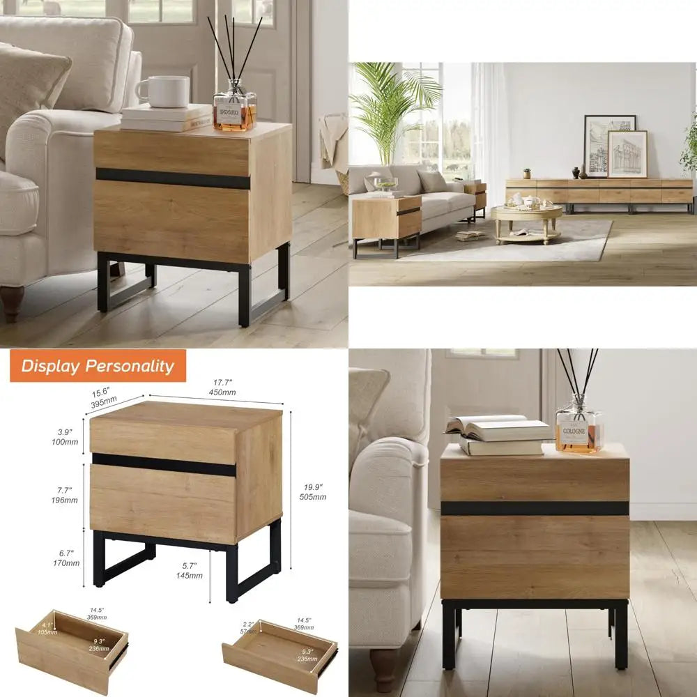 Rustic Farmhouse Style Side Table with Two Drawers and Black Square Iron Legs