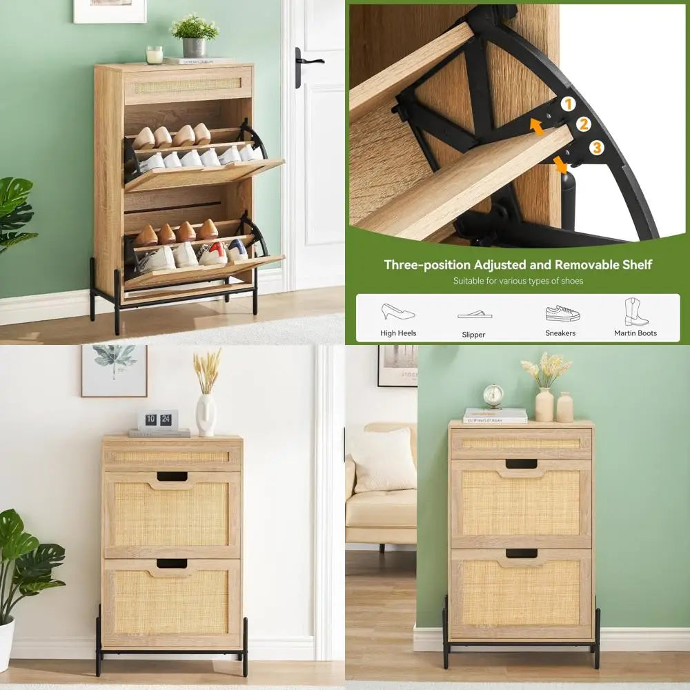 Freestanding Rattan Shoe Organizer with Dual Flip Drawers and Single Drawer for Entryway Storage