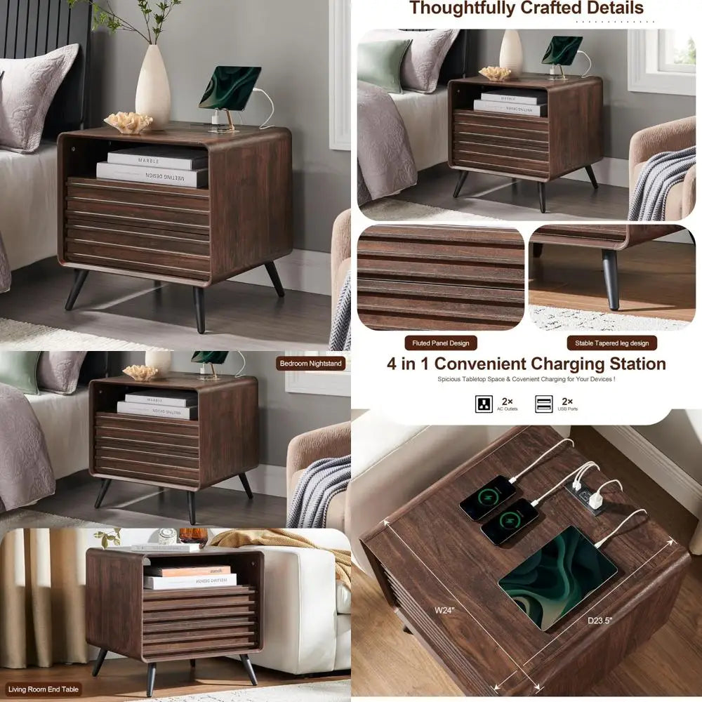 Mid Century Modern 2-Drawer Nightstand with Charging Station, Fluted Wooden End Table with Open Shelf