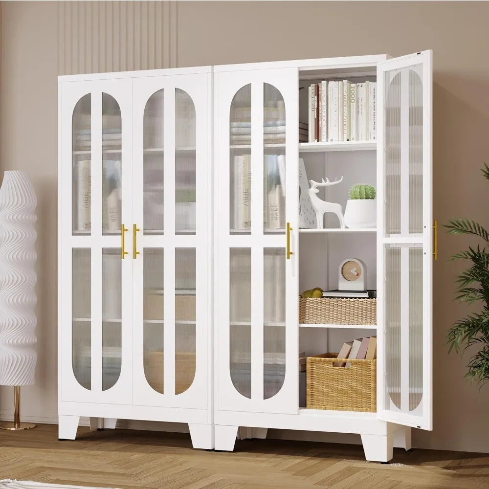 61” Metal Storage Cabinet, Kitchen Pantry Storage Cabinet with Acrylic Glass Doors and Adjustable Shelves, Tall Steel Freestandi