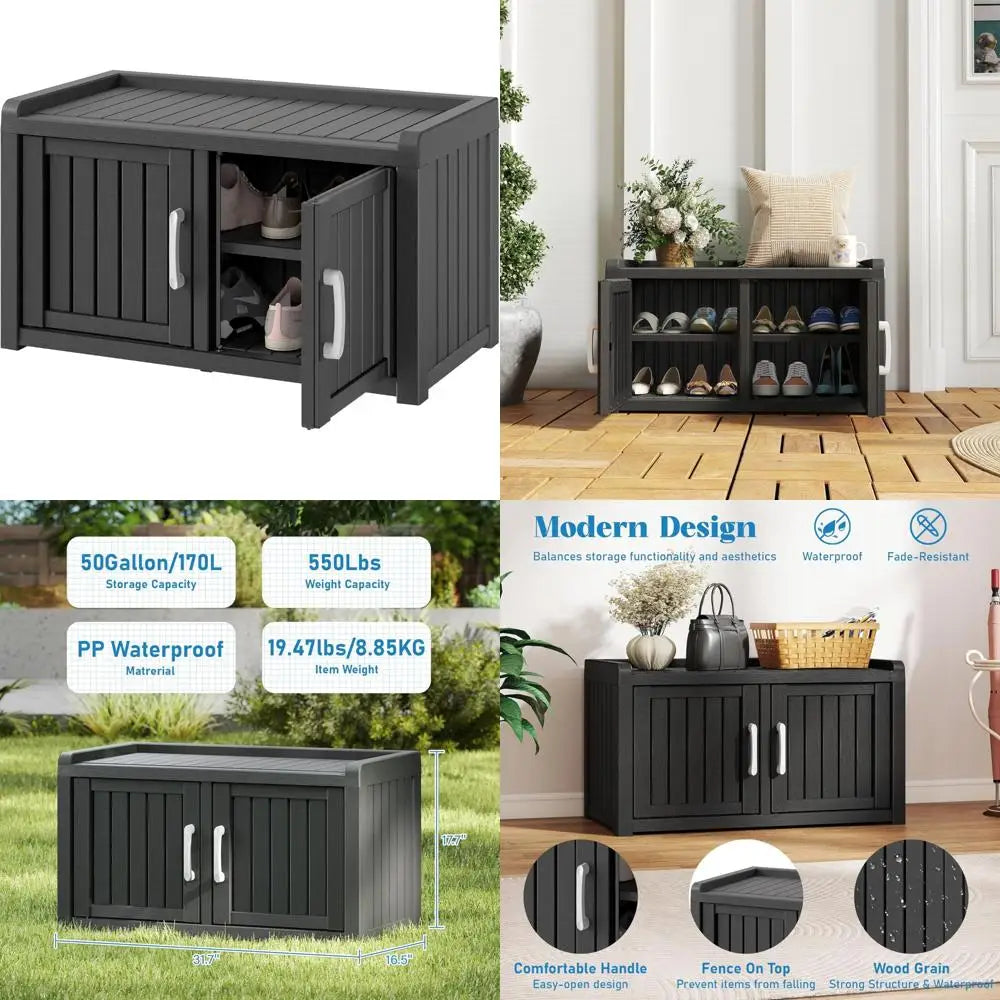 Waterproof Outdoor Shoe Storage Cabinet with UV-Resistant Entryway Bench and Adjustable Barn Doors