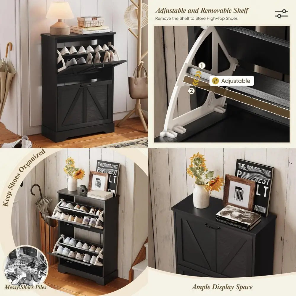 Freestanding Shoe Organizer Cabinet with 2 Flip Drawers and Barn Door Metal Handle, 23.6 Wide