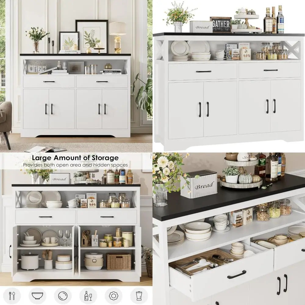 Contemporary Farmhouse-Style Sideboard Buffet, Wooden Storage Cabinet with Drawers and Shelves, Spacious Coffee Bar Cabinet
