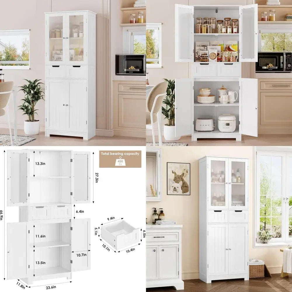 Freestanding Tall Storage Cabinet with Drawers and Glass Doors for Kitchen and Bathroom