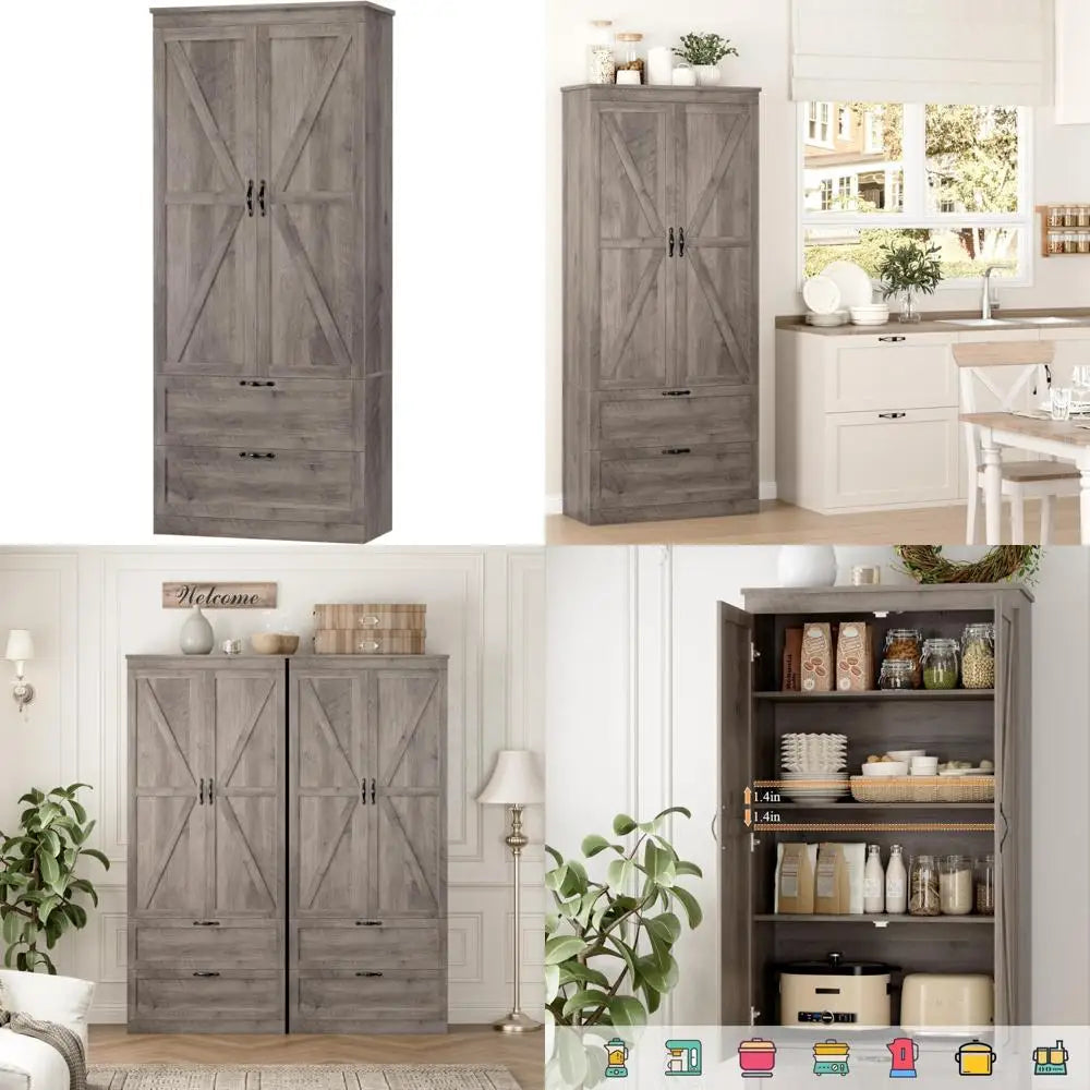 70-inch Tall Kitchen Pantry Cabinet with Barn Doors, Drawers, and Adjustable Shelves - Modern Farmhouse Style Storage