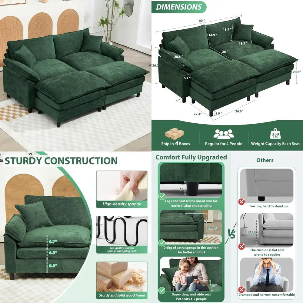 Large Modular Sectional Sofa, 80 U-Shaped Cloud Couch Set, 2-Seat Comfortable Convertible Sofa with 2 Removable Ottomans, DIY Co