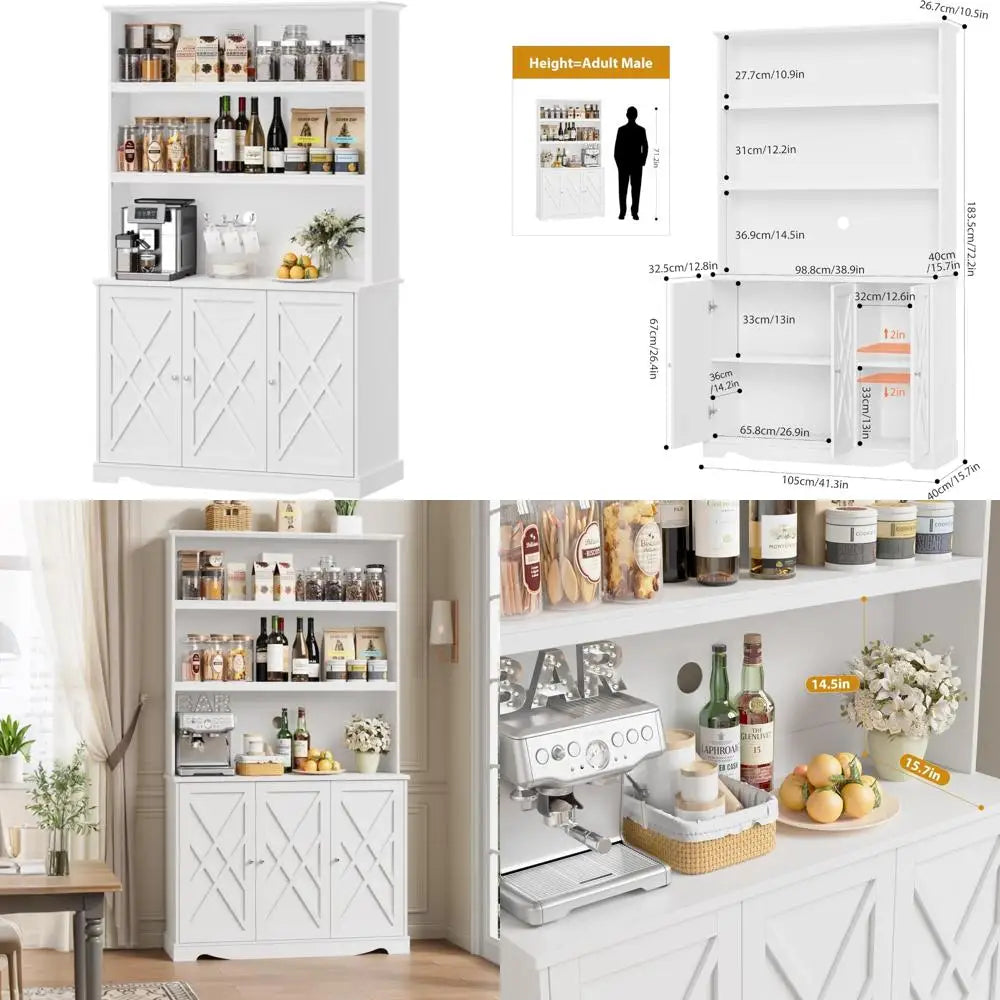 Kitchen Pantry Storage Cabinet with Hutch, Tall Cabinet for Food Storage and Microwave Stand, Farmhouse Style Kitchen Hutch