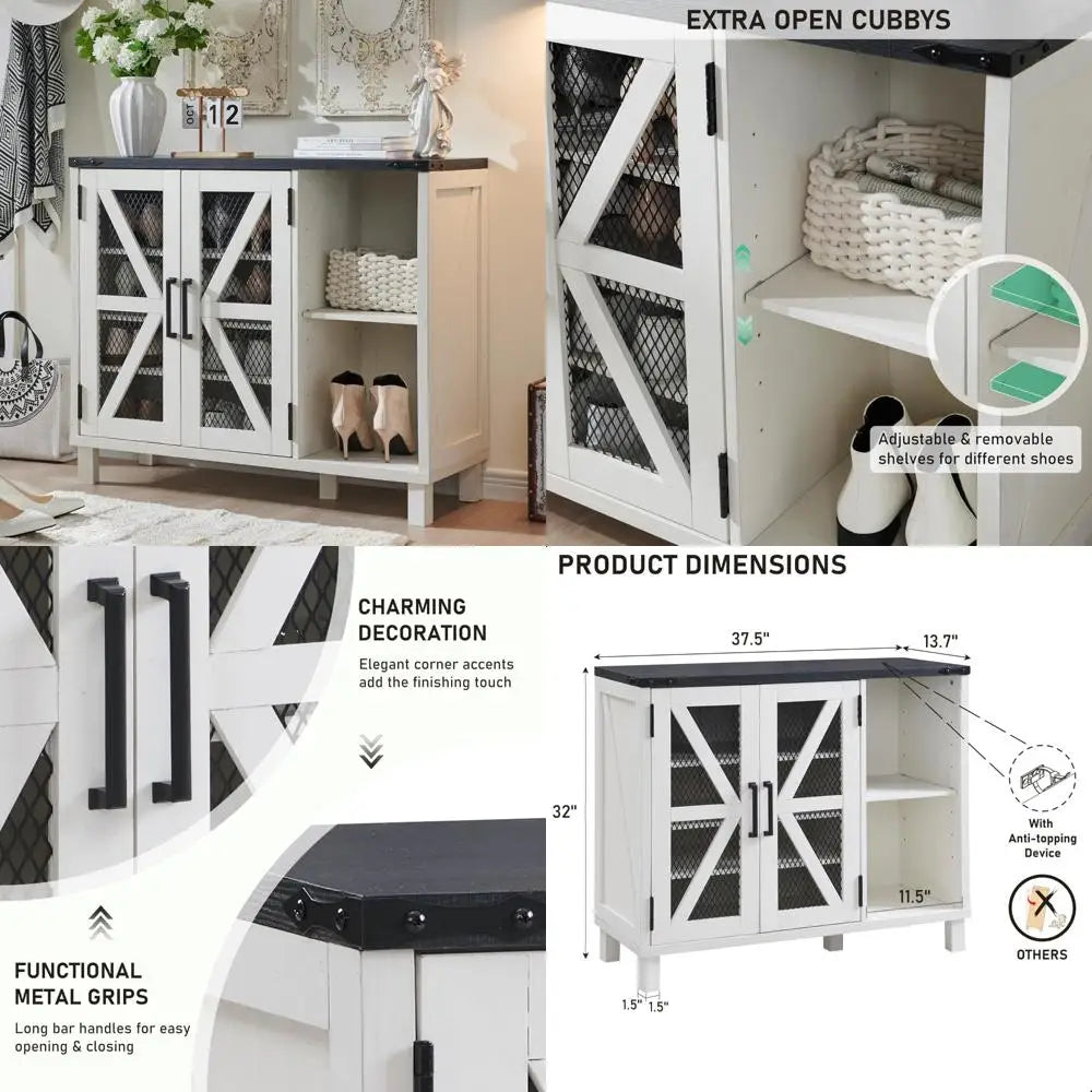 Farmhouse Style Shoe Storage Cabinet, 38 Wide with Mesh Doors and Adjustable Shelves, Rustic Wooden Shoe Organizer