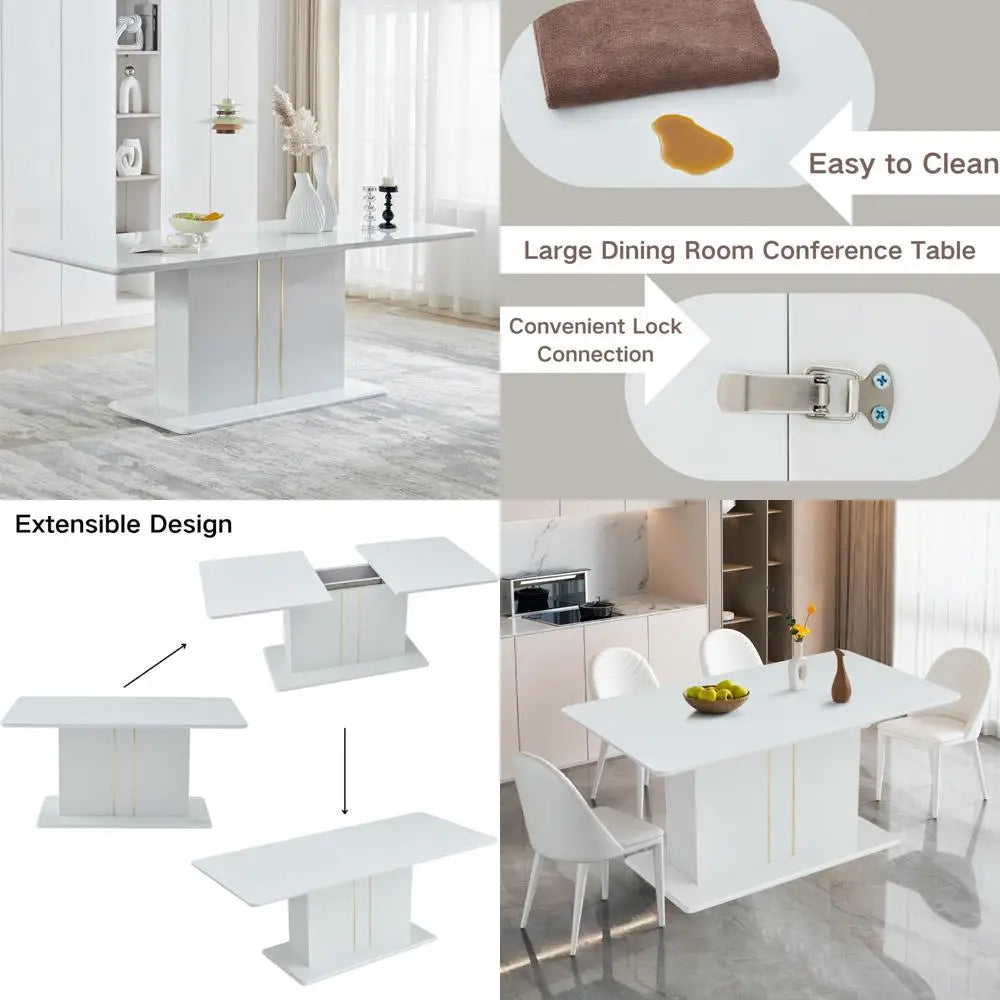 Elegant Expandable Glossy Wooden Dining Table, 63-80.7, Suitable for Kitchen, Restaurant, Home Office, White
