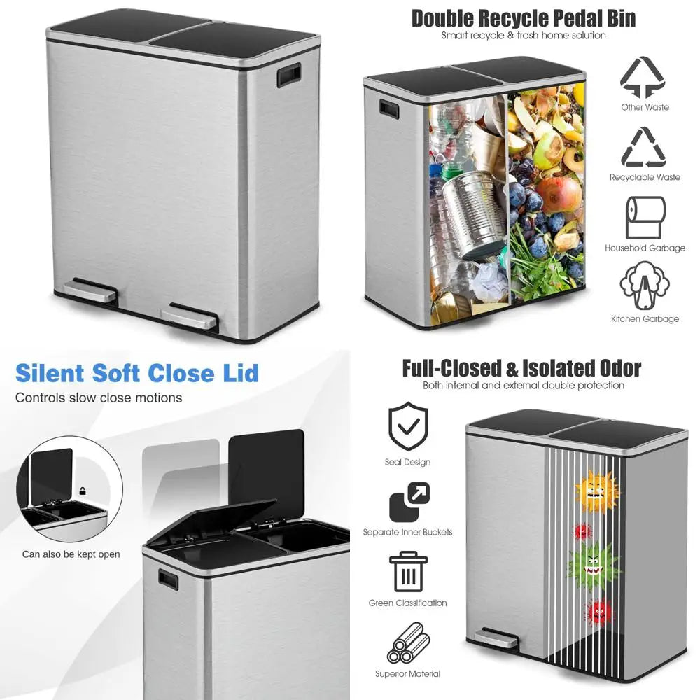 "Dual 30-Liter Recycling Trash Cans with Removable Plastic Liners, Soft-Closing Hinged Lids and Handle, Two-Section Finger-Tip D