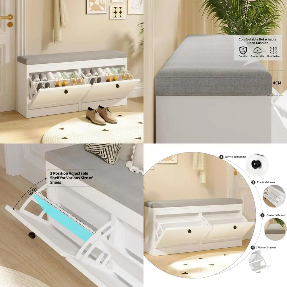 Shoe Storage Bench with Flip Drawers and Adjustable Shelves for Entryway, Hallway, Living Room