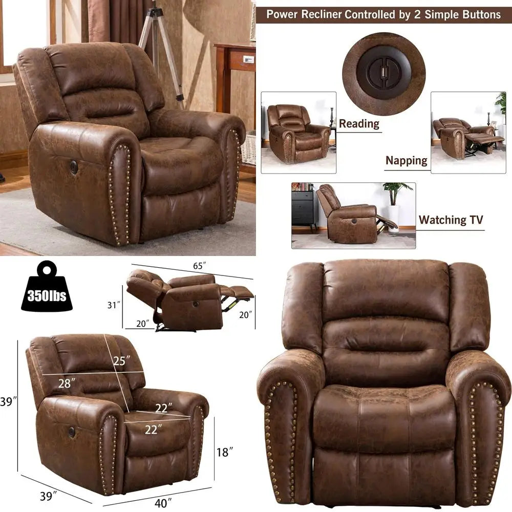 Electric Recliner Chair with Breathable Bonded Leather, Single Sofa for Home Theater Seating with USB Port, Nut Brown