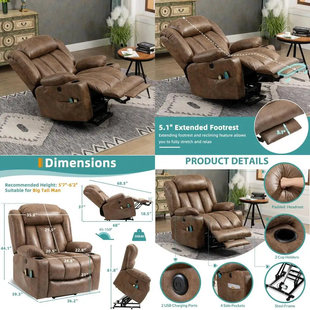 Large Comfort Electric Recliner Chair with Extended Footrest for Big and Tall Individuals, Plush Wide Recliner with Massage Feat