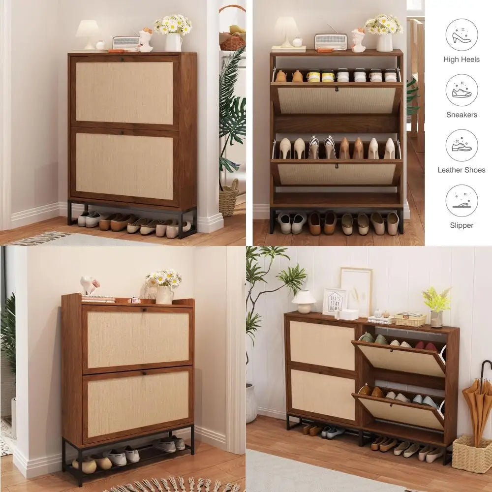 Walnut Finish Freestanding Shoe Organizer with Double Flip Doors for Entryway and Closet Storage