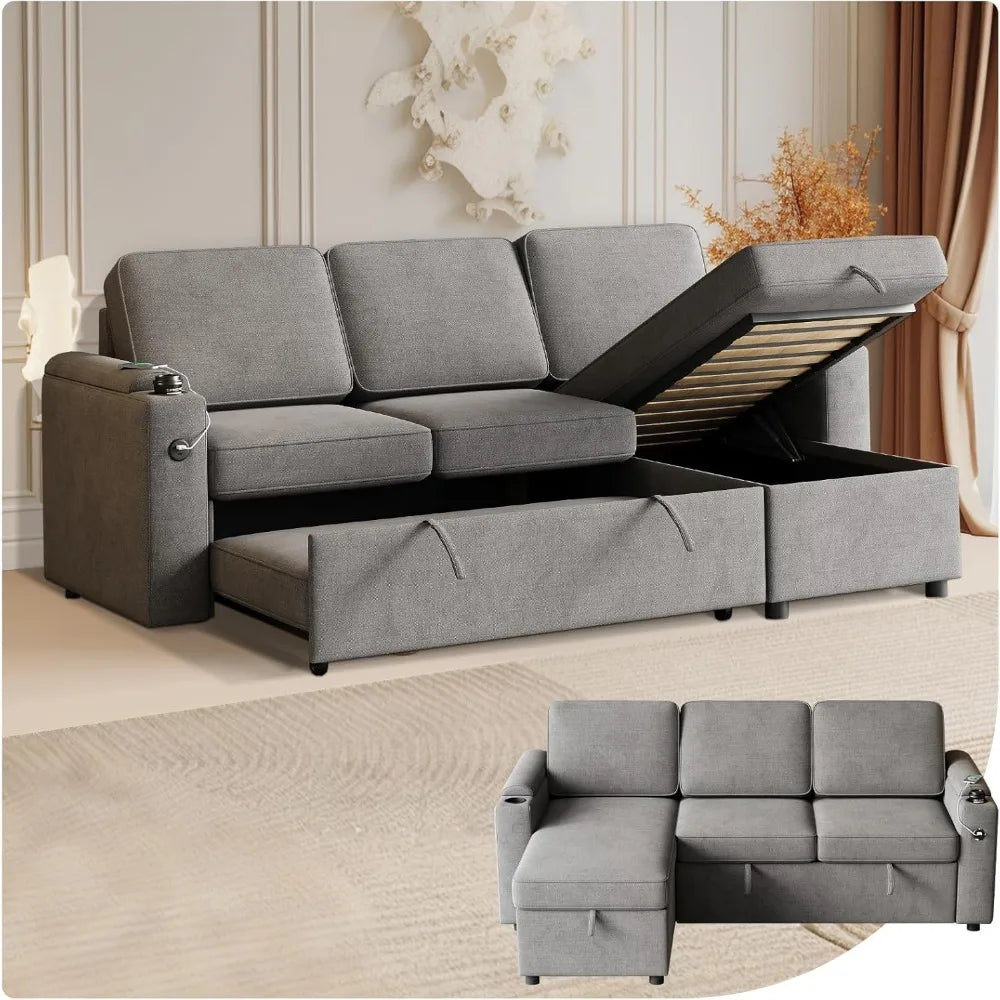 85.8"L Shaped Sleeper Sofa Couch,Polyester Pull Out Couch, Sleeper Sectional Sofa with Storage Armrests,Reversible Sectional Sof