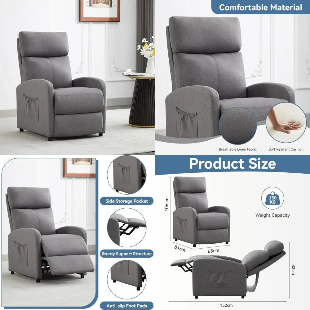 Upholstered Recliner Chair with Linen Cover, Single Sofa Featuring Lumbar Support, Padded Back and Side Pocket, Adjustable Leg R