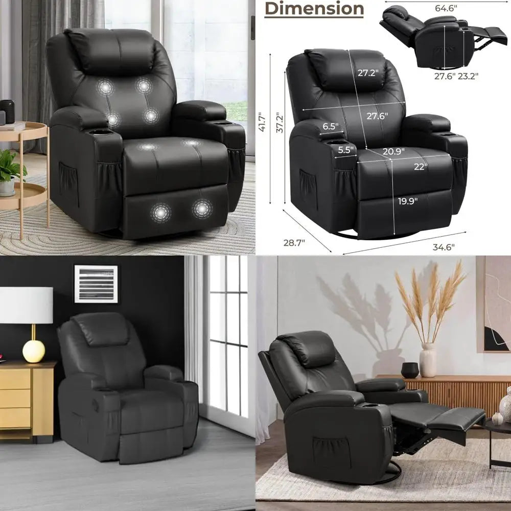 Massage Rocker Recliner Chair for Seniors, Leather 360° Swivel Rocking Sofa with Remote for Living Room