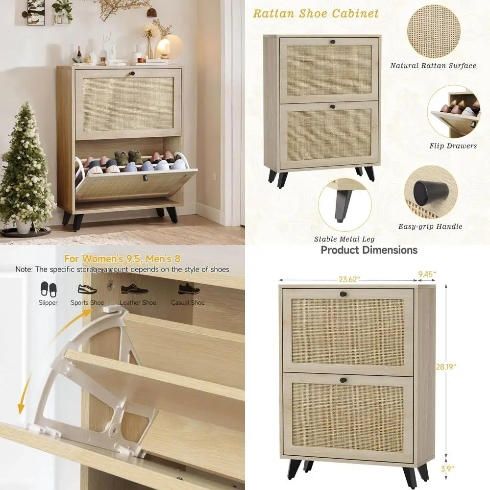 Slim Shoe Storage Cabinet for Entryway with 2 Drawers, Hidden Organizer, Shoe Rack Cabinet