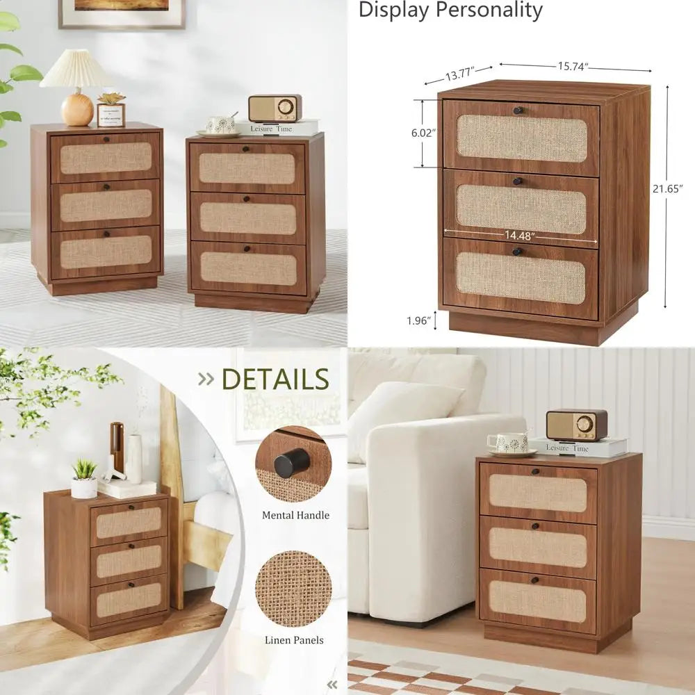 Mid Century 2-Piece Night Stand Set, Modern 3-Drawer Nightstand with Natural Linen Panel, Rustic Wood Bedside Table