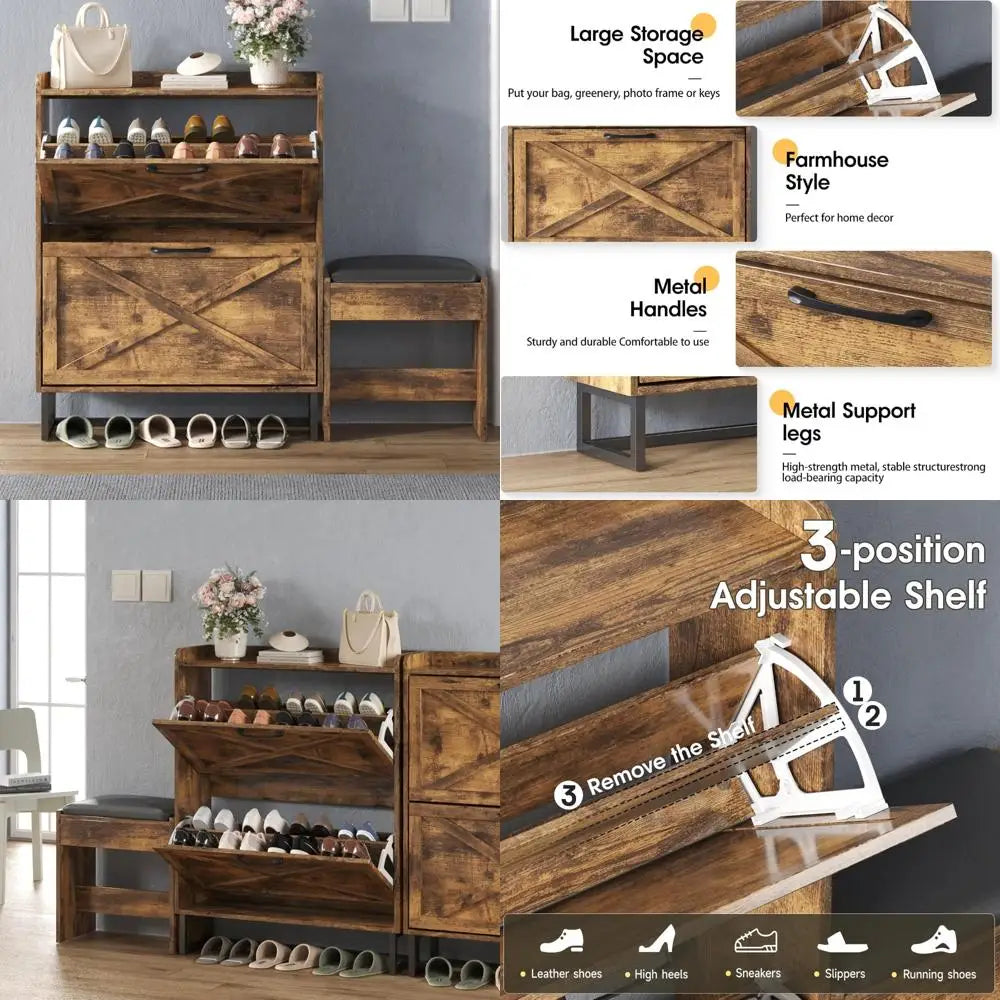 Farmhouse Style Shoe Storage Cabinet with 2 Drawers, Freestanding Organizer Bench with Cushion, Slim Shoe Storage