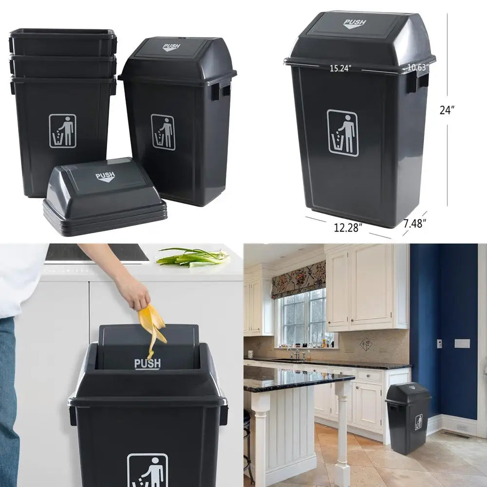 4-Piece Set of Large Gray Swing-Top Kitchen Trash Cans, 13 Gallon Capacity