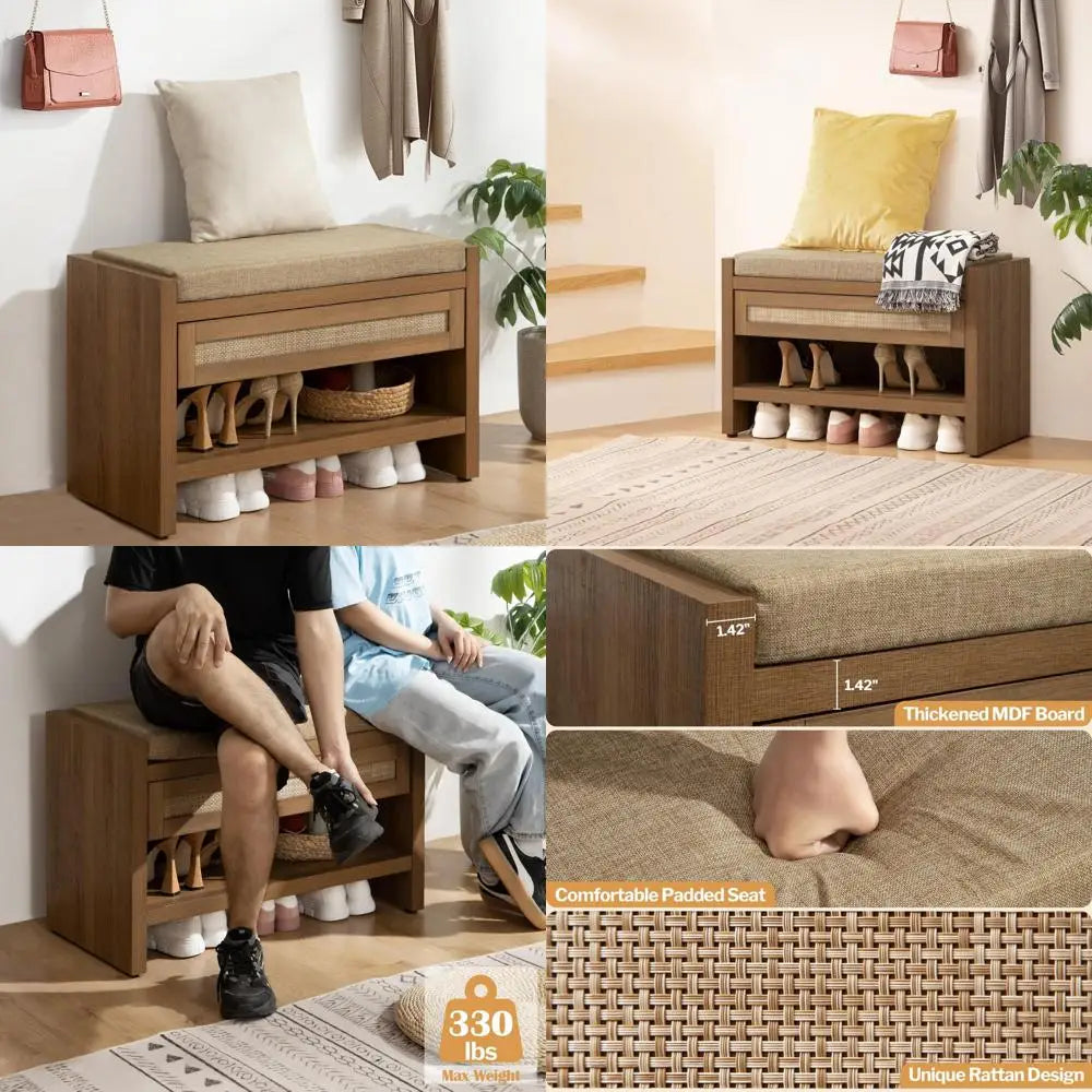 Rattan Shoe Storage Bench with Drawer and Linen Cushion, Farmhouse Style Wooden Entryway Rack