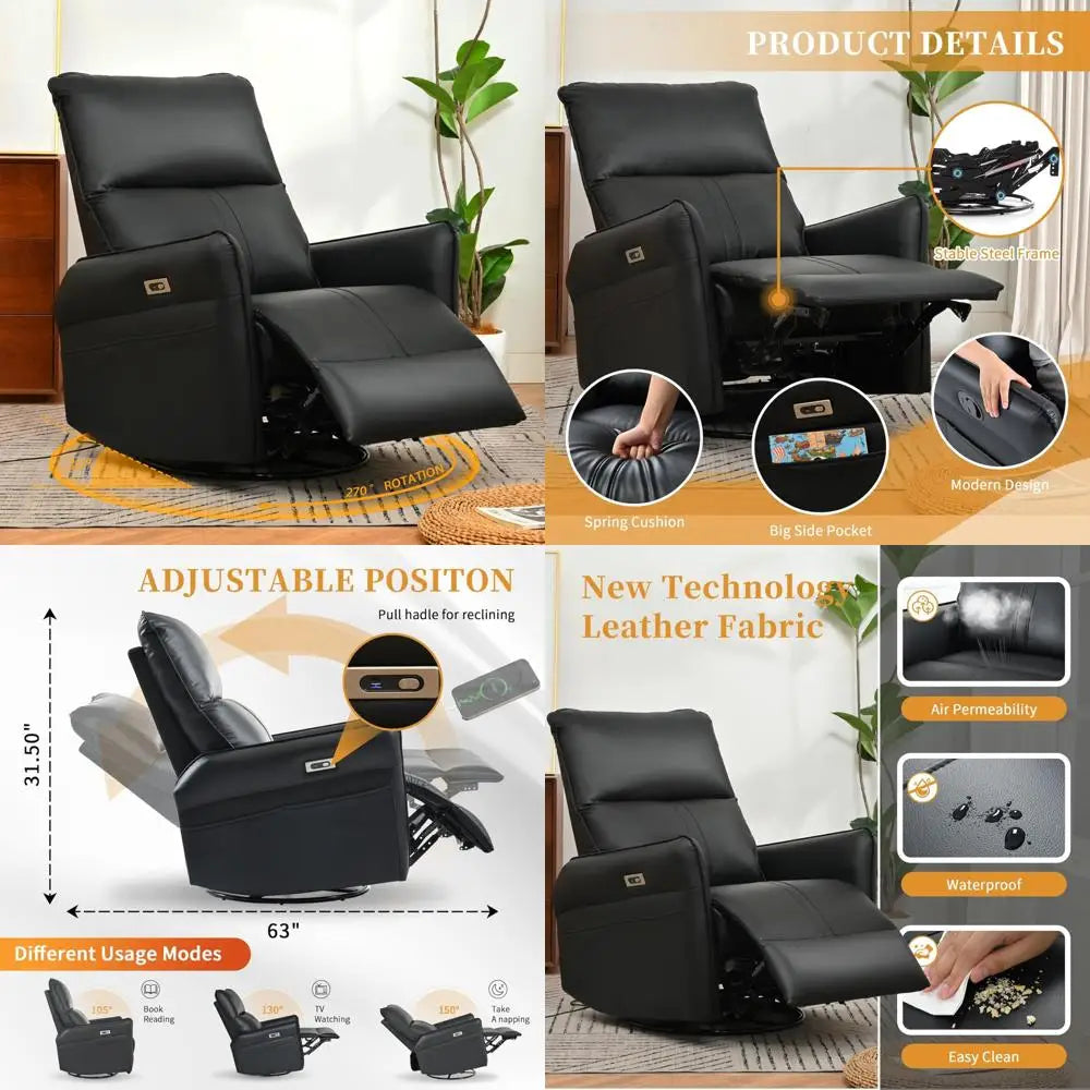 Upholstered 270° Swivel Glider Recliner Chair with USB Charging Ports for Nursery, Ideal for Small Spaces