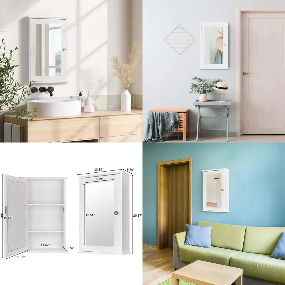 Wall Mounted White Wooden Medicine Cabinet with Single Mirror Door and Adjustable Shelves for Bathroom