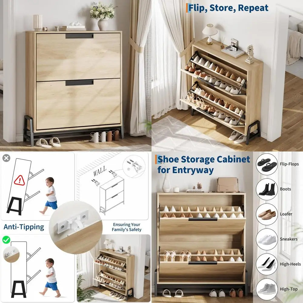 Freestanding Shoe Storage Cabinet with 2 Adjustable Drawers and Metal Legs